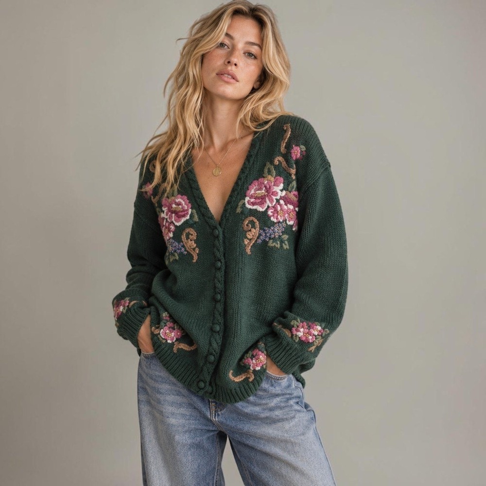 Vintage Floral Embroidered Dark Green Folk Cardigan Sweater Sz L Petite